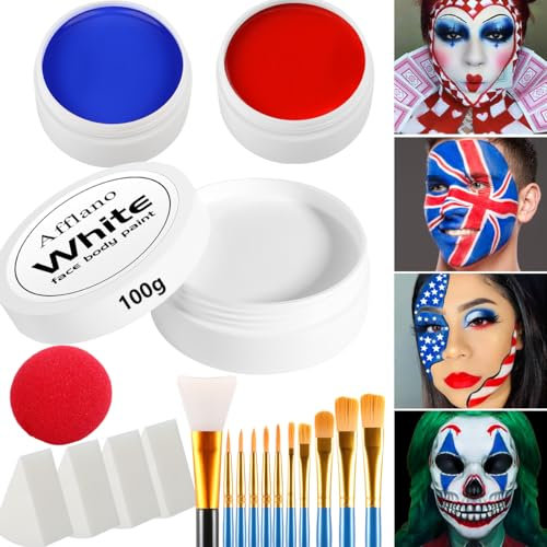 Afflano Halloween Gesichtsfarbe Weiß Blau Rot 200g, Profi Körperbemalung auf Ölbasis +Pinsel, Schwämme, Clownsnase 20 Stk, Gesichtsbemalung für Halloween Schminke Clown Joker SFX Vampir Cosplay Kostüm