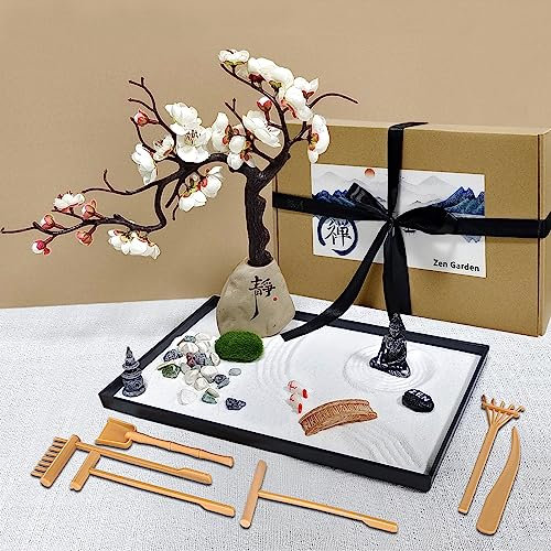 LuXianYS Kit de jardín zen japonés, mini decoración del hogar de jardín zen, arena zen, mini adorno de roca de arena, accesorios de meditación y regalo, adornos de jardín japoneses