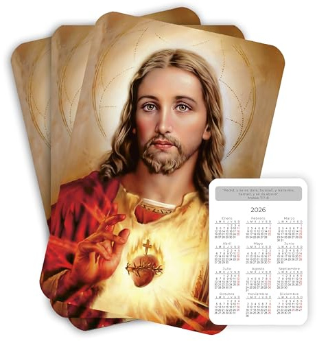 NumeroPhi Calendario de Bolsillo 2026 (Pack x3) Sagrado Corazón de Jesús, Estampita Fé Cristiana, 12 Meses Anuario Clásico