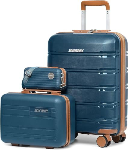 Joyway Kofferset 3 Teilig Hartschale mit 4 Rollen und TSA-Schloss Der Gepäcksets Enthält 1 Kosmetikkoffer und 1 Tragbare Tasche Blau/Braun