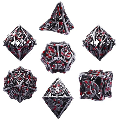 SIQUK 7 Stücke DND Würfel Set, Metall Würfel Spiel Polyedrische Würfel Hohles Spielwürfel Dungeons and Dragons Würfel für D&D MTG RPG (Zinn & Blut)