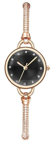 JewelryWe Damenuhr Glitzer Strass Uhr: Damen Elegant Analog Quarz Armbanduhr Kleine Lässige Uhren mit Schwarz Diamant-Schneid Zifferblatt und Rosegold Verstellbarem Schmalen Metallarmband