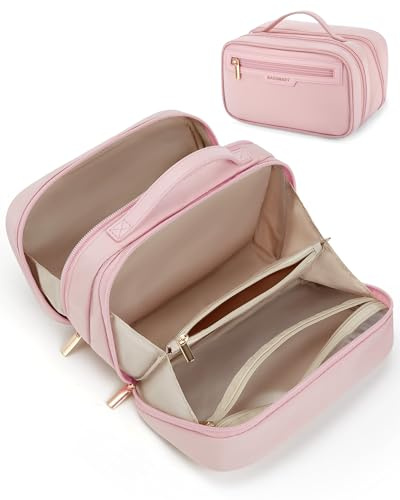 BAGSMART Travel Makeup Bag Large Capacity Wide-Open Make up Bags for Women, Travel Essentials & Cosmetics Toiletries Accessories, Pink