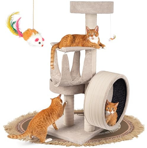 Outentin Kratzbaum für Katzen, mit kleinem Katzenlaufrad aus Holz, Massiver & Stabiler Katzenbaum, Robuster mittelgroßer Kletterbaum & Aktivitätskratzbäume, 135 cm hoch, Dicke Stämme (Beige)