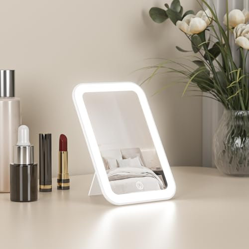 Kintion 10.7 * 15.5cm Travel Makeup Mirror, LED Portable Rechargeable Light Up Mirror, Dimmable 3 Color Modes, Touch Screen, Desk Tabletop Mirrors for Handbag, Gifts for Girls, White
