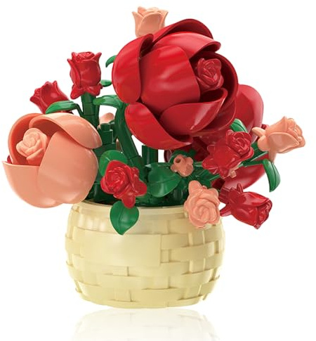 Mini Flowers Building Block Set,Flower Blocks Toys,Plants and Succulent Toys,Building Block Flowerpot，Botanical Collection Birthday Gift for Girls Boys Adults Kids Ages 6+ (Rose 128Pcs)