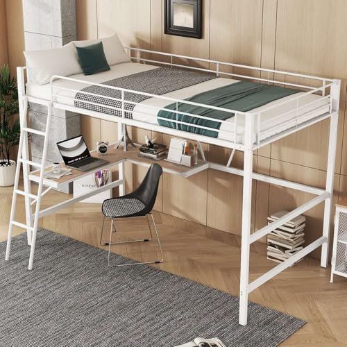 PUGSDRLY Lit Mezzanine 1 Place avec Bureau et étagères,Cadre de lit Mezzanine 90x200cm en Métal,Lit en Hauteur pour Enfant Adolescent et Adulte,sans Matelas (Blanc)
