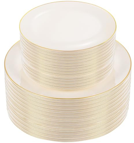 PULOTE 100PCS Ivory Plastic Plates - Cream Plastic Disposable Heavy Duty for Party & Wedding - Include 50 Each (Dinner & Dessert) Plates