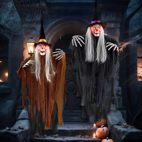 2 Piezas Decoracion Halloween Casa, 105 * 80cm Esqueleto Halloween Adornos Exterior, Ojos Brillantes Fantasma Halloweens, Colgantes Cosas de Decoração Halloweens, Decoraciones Haloween