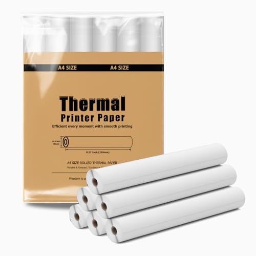 6 rollos de papel térmico A4, 8,27 x 11,69 pulgadas (210 mm/7,7 m de largo) para impresora portátil, 25 hojas/rollo, compatible con ITP01/04, M832/834, para viajes o trabajo en casa, contrato de