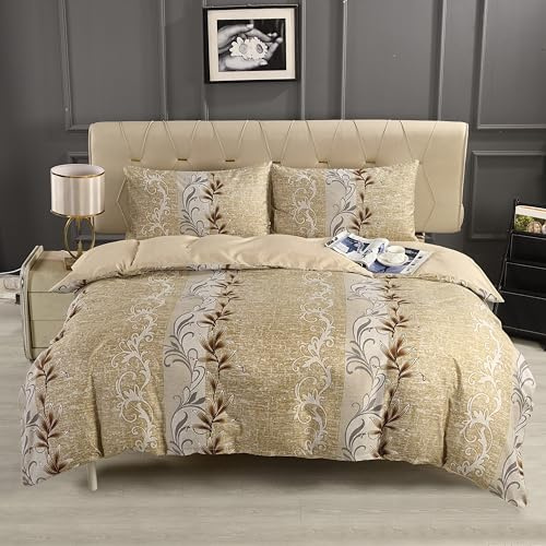 Feels Home Complete Microfiber Bedding Collection – 4 Piece Bed Set with Duvet Cover, Deep Fitted Sheet & Pillowcases | Silky Soft, Wrinkle Resistant & Easy Care Comfort (BEIGE FLORAL, Super King)