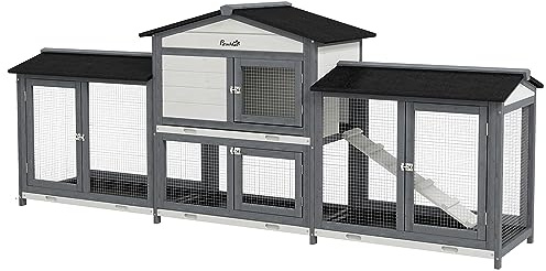 PawHut Hasenstall 2 Etagen Kaninchenstall aus Holz 230 x 53 x 93,5 cm Kaninchenkäfig mit Rampe, Freilaufgehege, Mehreren ausziehbaren Bodenwannen, Bitumendach, Tür, Hasenkäfig für draußen Hellgrau