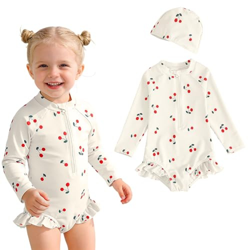 Peybaiwy Traje de baño para niñas pequeñas con Gorro de natación bañador de Manga Larga con Estampado de Cerezas para bebés Traje de baño de una Pieza con Cremallera Frontal Que Protege del Sol