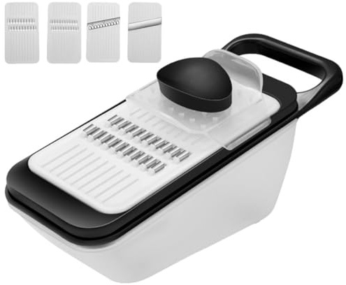 AMUSLESUR Cortadora de Verduras Multifuncional Ajustable 4 Cuchillas, Picadora y Ralladora de Cocina, Tamaño Mediano, Color Negro, Cortador de Cebolla y Rábano para Uso Doméstico