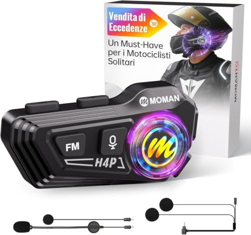 Moman Intercomunicador Casco Moto, H4P Auriculares BT5.1 con Altavoces Hi-Fi, Doble reducción de Ruido RGB/FM/Manos Libres/AI, Control de Voz AI, para un Solo Conductor (negro-H4P)