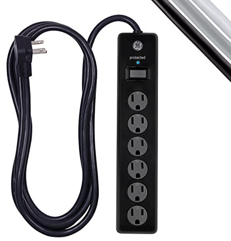 GE 6-Outlet Surge Protector, 10 Ft Extension Cord, Power Strip, 600 Joules, Twist-to-Close Safety Covers, Protected Indicator Light, UL Listed, Black, 37442