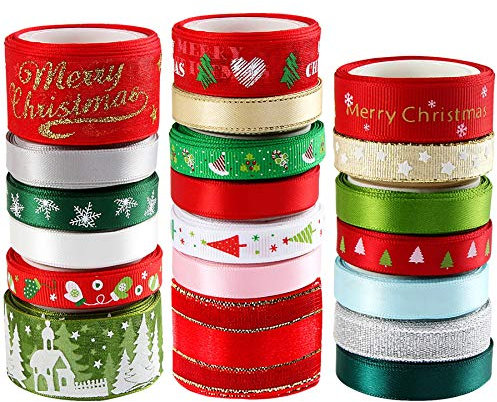 SANNIX 20 Stück 3 Größen Weihnachtsbänder für Bastelarbeiten, Urlaub, bedruckte Ripsband-Organza-Satinbänder, metallische Glitzer-Stoffbänder, Bulk-Geschenkverpackungsschleife (20 x 2 m)