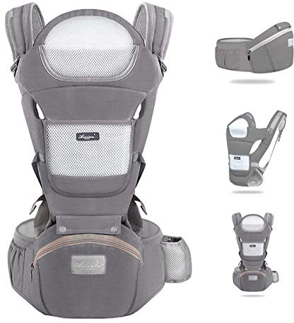 YIKANWEN Marsupio Neonato 0-36 mesi [Scopri di Più Sull'utilizzo] Marsupio Neonato Ergonomico a 25kg, Fascia Neonato con Sedile Multiposizione, Poggia Testa e Cappuccio, Cotone Traspirante, Gririo
