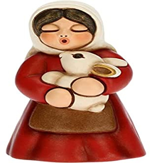THUN - Statuina Presepe Donna con Coniglio - Decorazioni Natale Casa - Linea Presepe Classico, Variante Rossa - Ceramica - 5 x 5 x 8 h cm