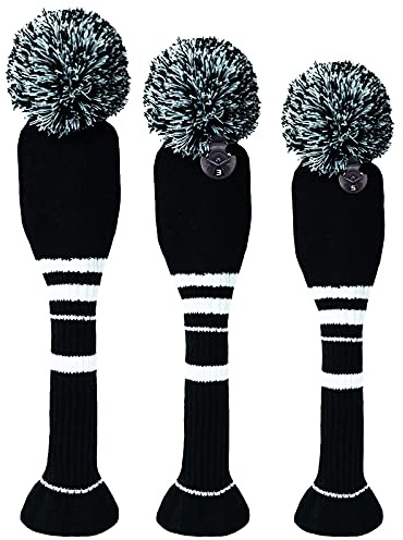 Couvre Club Golf Bois Housse Pom Pom Driver Fairway Hybrid 3 Pack Set, Couvre-tête de Club Golf Vintage Long 1 3 5 pour Hommes Femmes Hommes Sport en Plein Air (Noir)