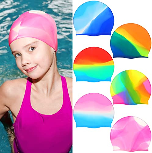 6 Pcs Kids Swim Cap Silicone Summer Swimming Cap Colorful Swim Cap for Braids and Dreadlocks Soft Waterproof Swim Hat for Girls Boys Youths Teens Comfortable Fit Short Hair and Long Hair, 6 Colors