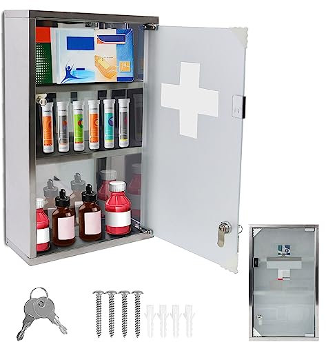 SUBTLETY 30 x 12 x 50 cm, acero inoxidable, 3 compartimentos con cerradura, armario farmacéutico con puerta de cristal y 2 llaves colgantes para botiquín casero, caja de pared, armario para