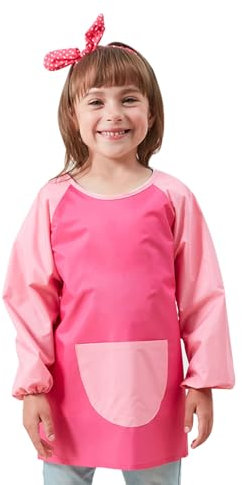 Malkittel Kinder Wasserdicht 5-11 Jahre, Malschürze für Schule Junge und Mädchen, Lange Ärmel und Taschen, Schürze für Basteln Malen Backen (Rosa)