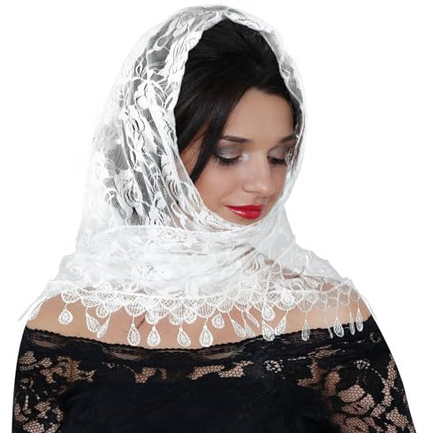 Sibba Spitze Schal Damen Schleier Tüll Kopftuch Stola Elegante Hochzeit Brautschleier Spitzenborte Mantilla Schleier Festlich Kirchenschleier Weiß Sommer Halstuch für Kapelle Braut Abendkleid Party