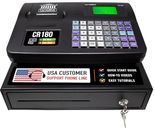 Nadex CR180 Electronic Cash Register, Steel Cash Drawer, Compact Design, Black