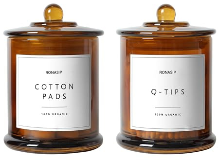 Ronasip Qtip Holder & Cotton Pad Dispenser, Bathroom Organizer and Storage Canisters, 16oz Glass Apothecary Jars for Kitchen, Restroom - Home Decor Accessories, Room Decor Aesthetic (2 Pack, Amber)