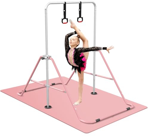 FBSPORT Gymnastics Bars, Horizontal Bar Expandable Gymnastics Kids Bar with Mat Folding Bar Junior Training Bar Multifunction Gym Training Equipment Home Training Adjustable Height Kip Bar (pink)