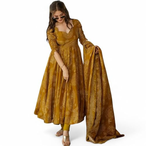RangMahal Ensemble Kurti indien en pur coton pour femme Imprimé Bandhani avec pantalon et dupatta brodé, vert olive, X-Large