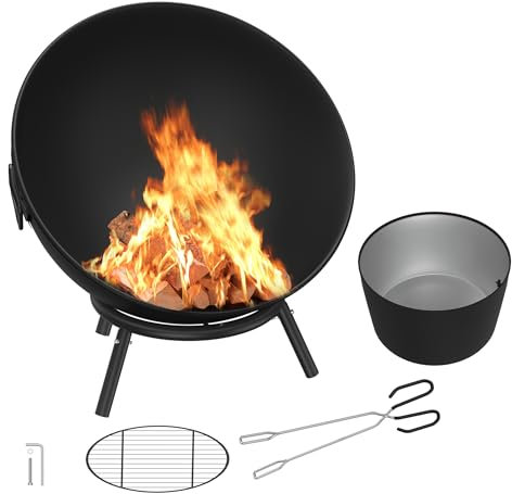 VANCHEMO Brasero para el jardín redondo de 62 cm de diámetro con mango y pinza de carbón, brasero para terraza y balcón, barril de fuego y cesta de fuego, gran hoguera para camping al aire libre