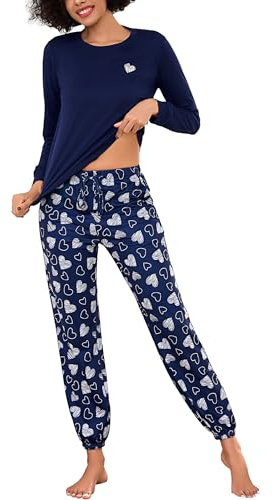 Bresdk Pijama Mujer Algodón Invierno Largo Estampado Conjunto de Pijamas Manga Larga Tops y Pantalones con Bolsillos Ropa para Dormir Cómodo Elegante S-3XL
