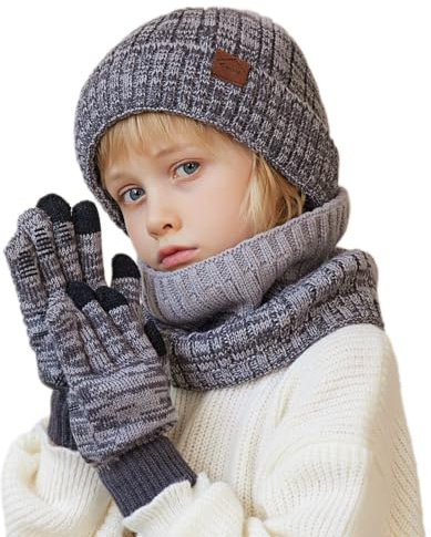 MAZELIKEHOOD Hatt halsduk babyhandskar 3-delat set vinter pojkar flicka varm huva med öronmuffar halsduk och snöhandskar julklapp för barn 4–10 år, Grå, one size