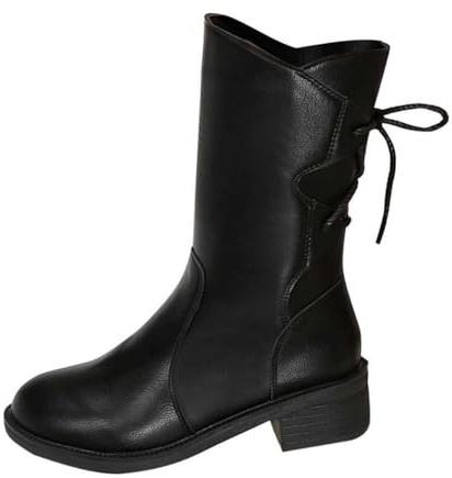 Femelles Bottillon Talon moyen Mi-Mollet à Lacets plates Femmes Bottines Hiver Cowboy Mode Couleur unie Femme Boot Tige large Travail Moderne Cuir Verni Bottes Femelles Casual Imperméables Chaudes