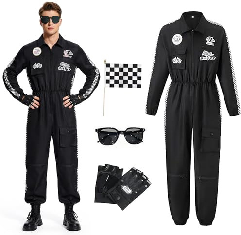 QJWBZ Costume De Pilote De Voiture De Course Pour Hommes: Combinaison De Course Pour Adulte Avec Gants Lunettes De Soleil Drapeau De Course Pour Carnaval SoiréE Cosplay (XL)