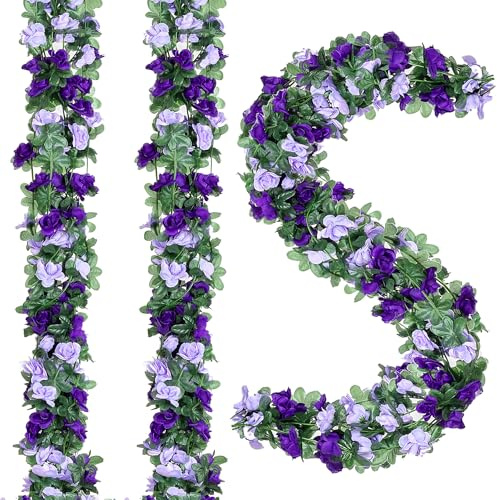 BSMYBO 10 Pcs 82 FT Artificial Purple Rose Flower Garland, Faux Silk Rose FGarland, Purple Party Decorations, Lavender Flower Hanging Flower Vines for Backdrop Decoration Tea Party Wedding Birthday
