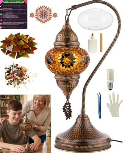 DEMMEX DIY Turkish Mosaic Lamp Making Kit – No Grout/Plaster Needed – Complete Mosaic Art & Craft Project Kit for Adults & Teens – Make Your Own Lamp - Fun, Easy, No Experience Required (Brown&Amber)