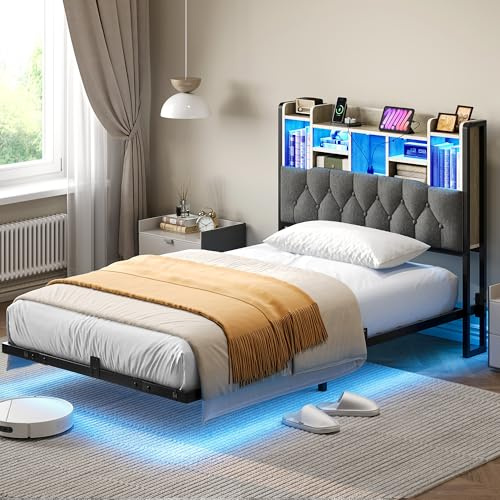 YITAHOME Cadre de lit LED avec tête de lit avec éclairage LED, Station de Charge USB, avec tête de lit Flottante, Structure en métal, Housse en Tissu Gris, sans Matelas, 120 x 200 cm