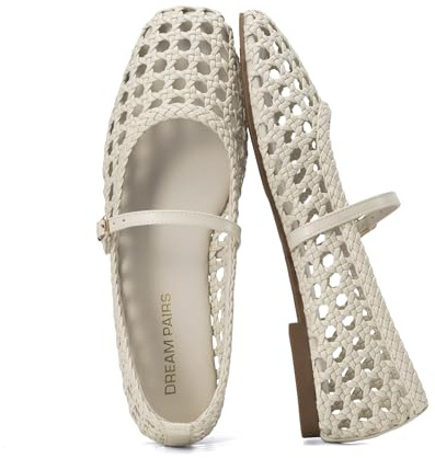 DREAM PAIRS Bailarinas de Mary Jane Tejidas para Mujeres, Cómodas y Elegantes, con Punta Cuadrada y Correa Ajustable,Size 37,Beige,SDFA26006W