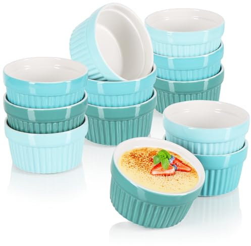 COM-FOUR® 12x Soufflé Förmchen - Creme Brulee Schälchen aus Keramik - Ofenfeste Förmchen - Dessertschale und Pastetenförmchen für z.B. Ragout Fin - je 200 ml - in verschiedenen Grüntönen