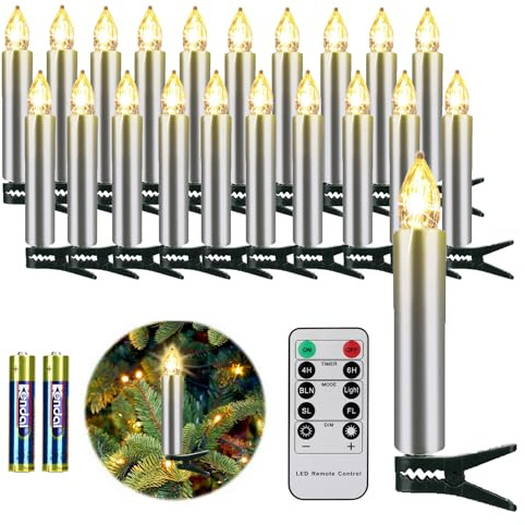 FREEPOWER 20 Candele LED Albero di Natale con Telecomando Timer Fiamma Tremolante, Senza Fili, Luce Bianca Calda, Dimmable, Interni Esterni Impermeabili, Decorazioni Natalizie（Include 20 batterie）
