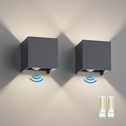 Klighten 2PCS 4000K Outdoor Wall Light with Motion Sensor, Antracita | With Light Source Replaceable G9 Bulb, Adjustable Beam Angle, Outside Wall Lamps with Sensor for Balcony, Garage, Patio