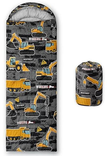 HOSIMA Kinderschlafsäcke für Jungen, Spielzeug-Lastwagen, Baufahrzeuge, Bedruckt, leicht, warm, tragbar, für draußen und drinnen, wasserdicht, kältebeständig, Schlafsack für Camping, Wandern (Lkw1)