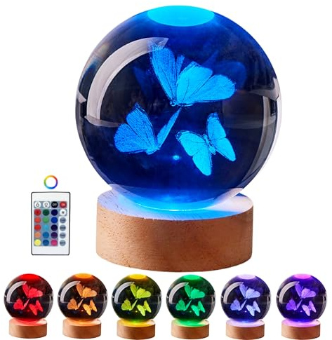 3D Butterfly Crystal Ball Lamp,Lifelike Three Butterflies Night Light,16 Colors Changing Light,Dimmable Remote Control, Gift Lamp (Butterfly)