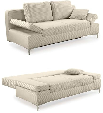 Modernes Cord Funktionssofa mit Gästebett und Bettkasten B202/T103/H89 cm, Federkern im Sitz und Rücken, Schlaf-Couch mit Liegefläche 144x198 cm, Bezug Cordstoff in Beige Grau / 15203
