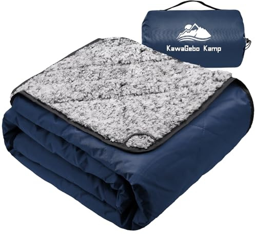 KawaGebo Kamp Sherpa Warm Outdoor Camping Blanket - Waterproof Stadium Blanket for Cold Weather, Camp, Sports Mom and Concert - Camping Quilt 80 X 58 (Blue)