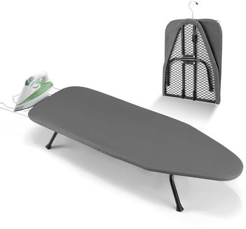 Towwoo Mini Bügelbrett mit Haken, Kleines Faltbares Bügeltisch mit Dick Gepolstertem Bezug, Klappbares Bügelbrett, Tisch-Bügelbrett, Reise-Bügelbrett Grau, Ironing Board 81 x 31 cm