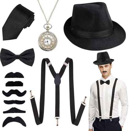 20er Jahre Herren Accessoires, Mafia Karneval Kostüm Herren, Peaky Blinders Kostüm, 1920er Mafia Kostüm Herren Set,Gangster Panamahut Taschenuhr Hosenträger Fliege Bärte Brille,Fasching Kostüme Herren